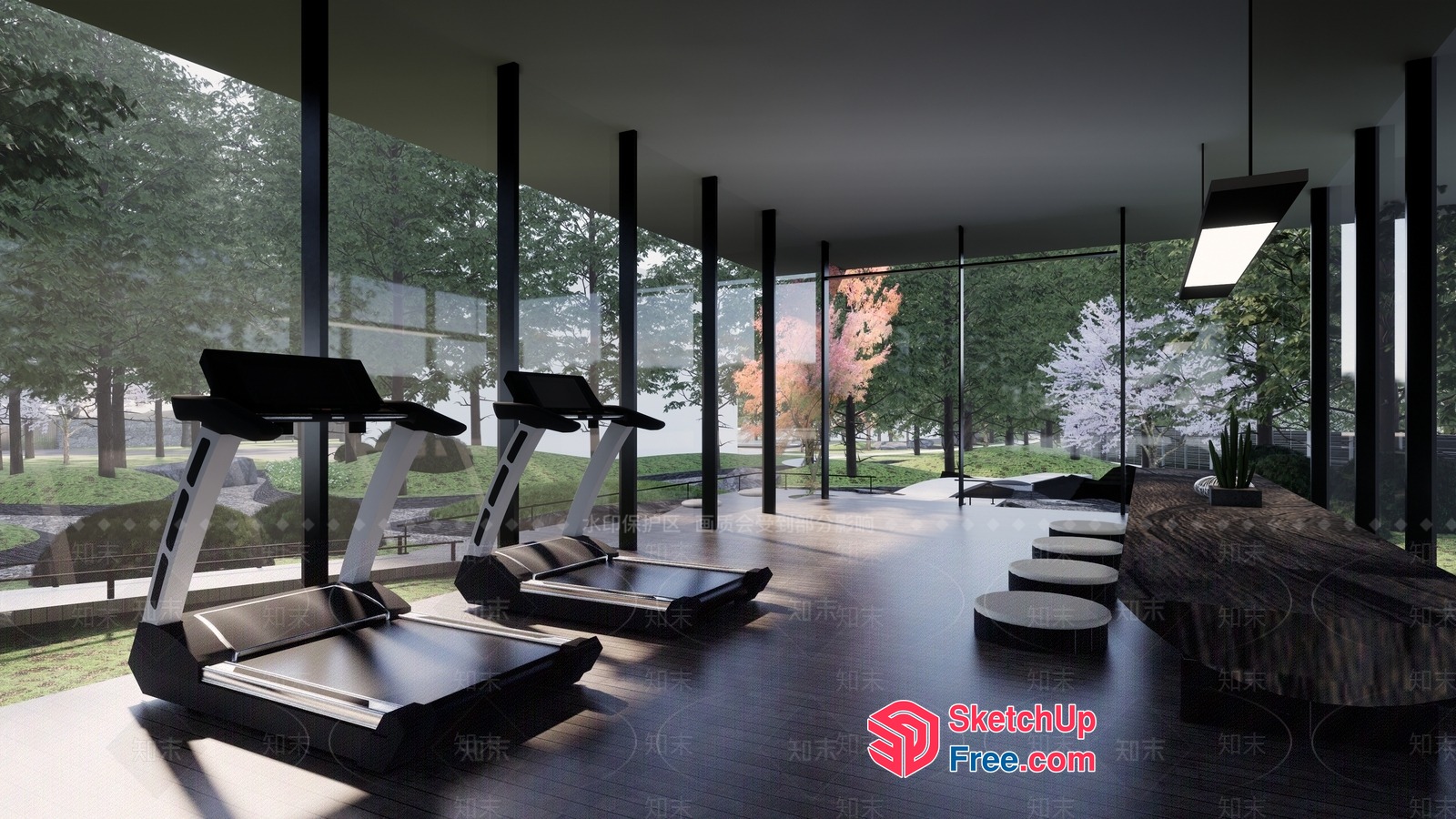 Modern Gym Interior With Large Windows And Natural Light 3D SketchUp File