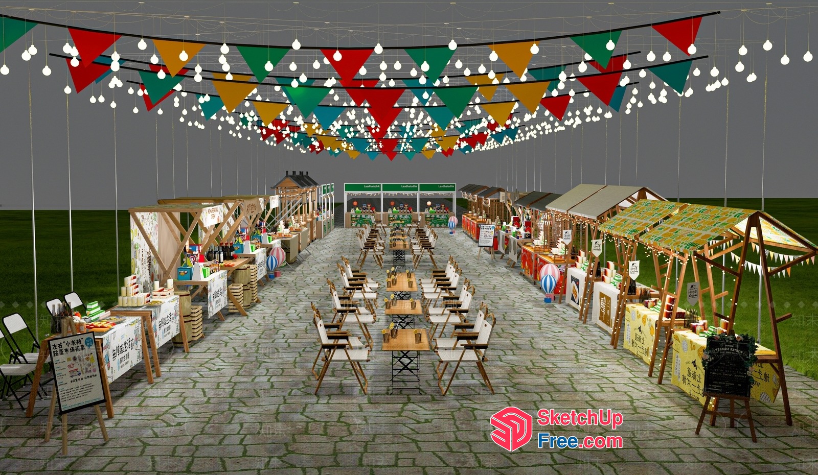 Colorful Market Scene With Bunting And Hanging Lights 3D SketchUp File