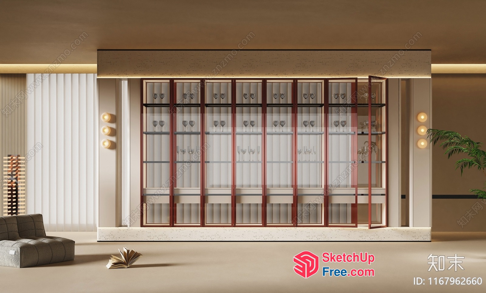 Modern Glass Curtain Wall With Red Metal Frame 3D SketchUp File