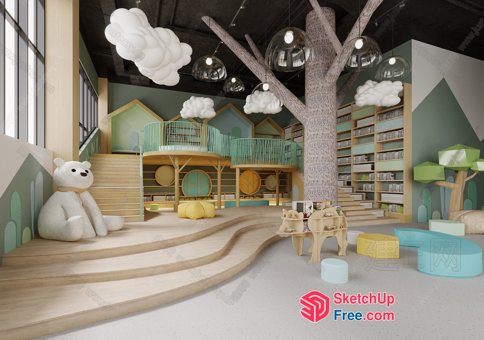 Modern Library Interior With Tree And Staircase 3D SketchUp File