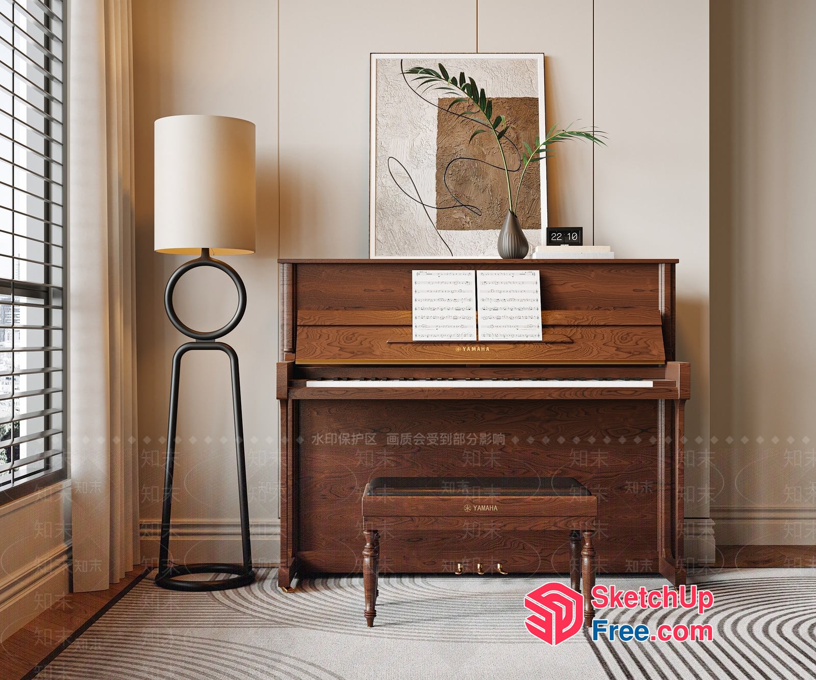 Elegant Living Room Piano And Bench 3D SketchUp File