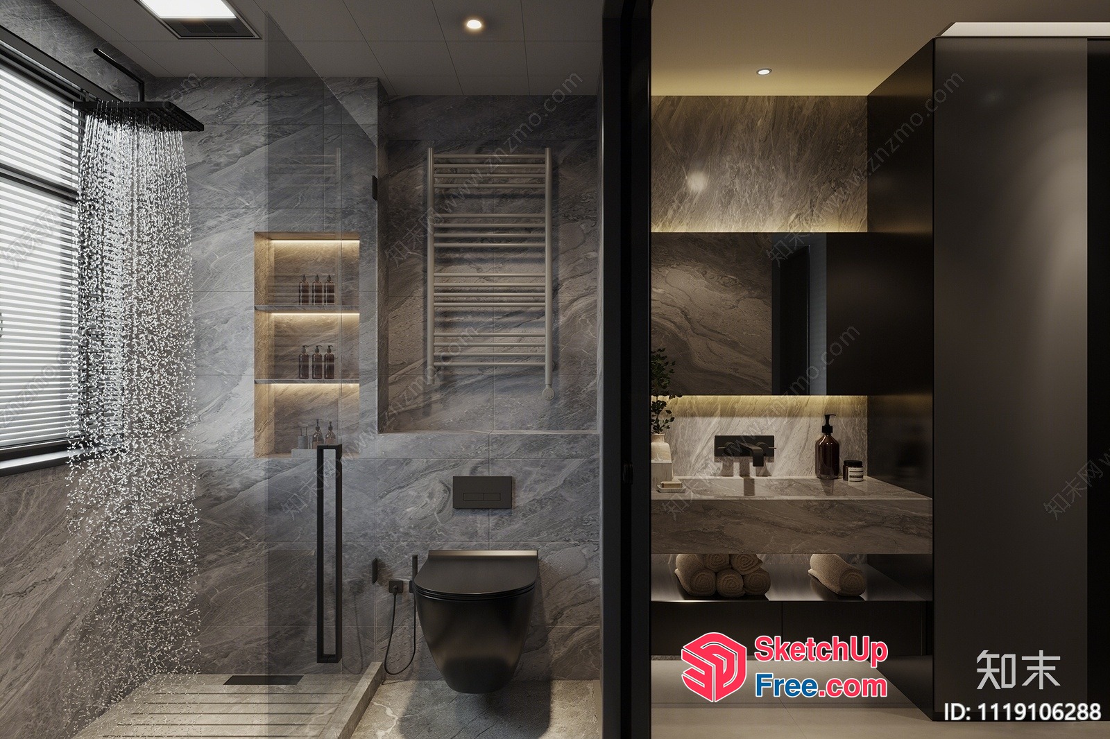Modern Bathroom Interior With Gray Marble Walls And Shower 3D SketchUp File