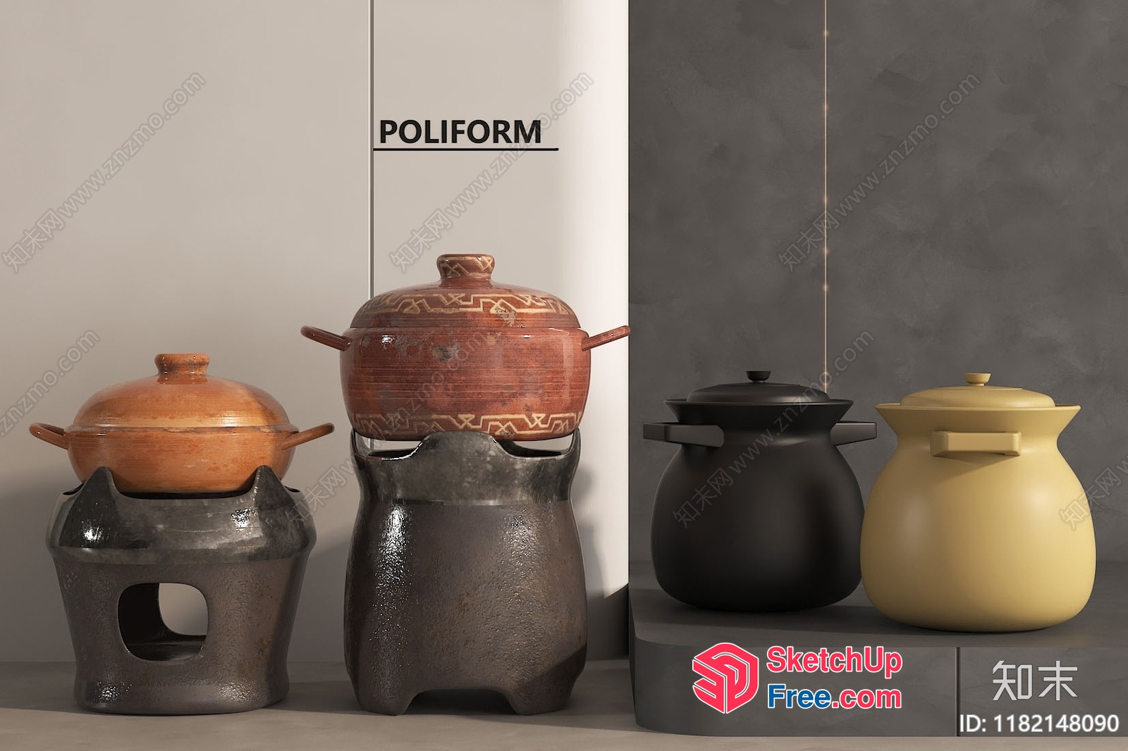 Traditional Asian-Inspired Clay Cooking Pots And Stands 3D SketchUp File