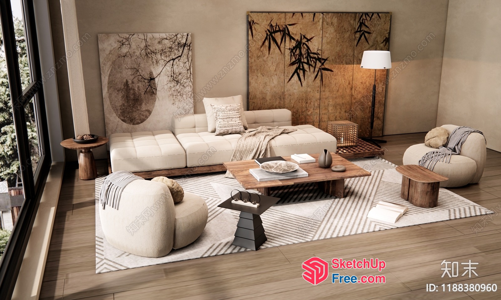 Modern Japanese-Inspired Living Room With Natural Elements 3D SketchUp File