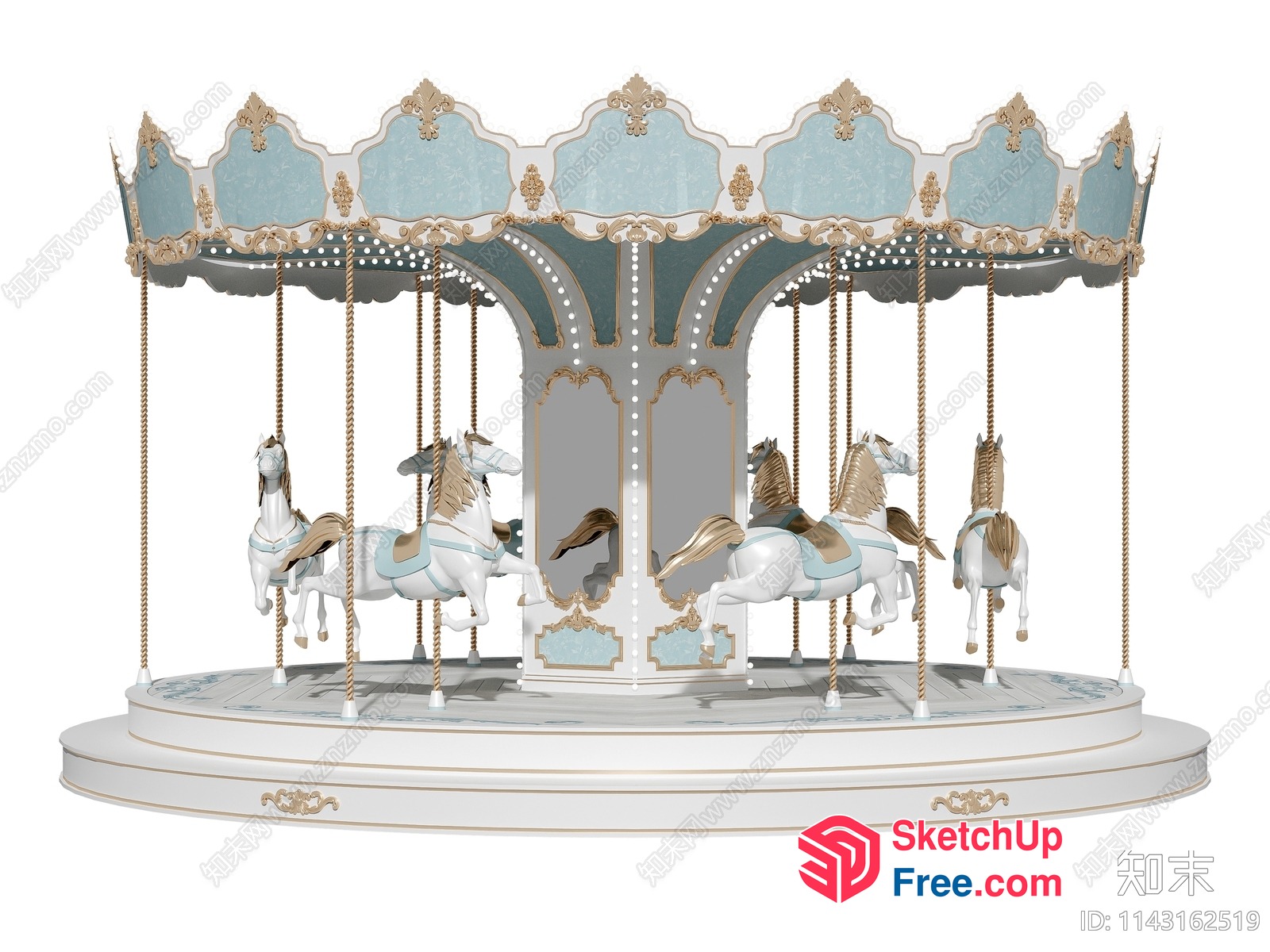 Elegant White And Gold Carousel With Ornate Roof 3D SketchUp File