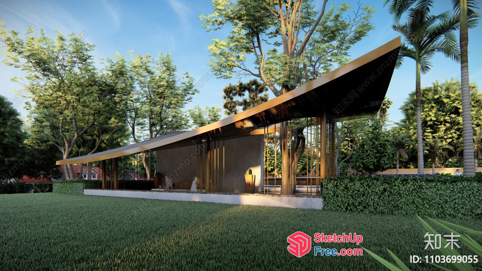 Modern Villa With Sleek Roof And Lush Greenery 3D SketchUp File