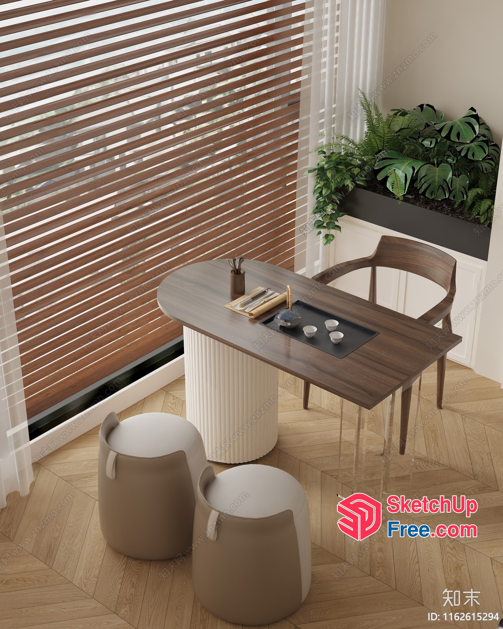 Modern Minimalist Wood Window And Stool Set 3D SketchUp File
