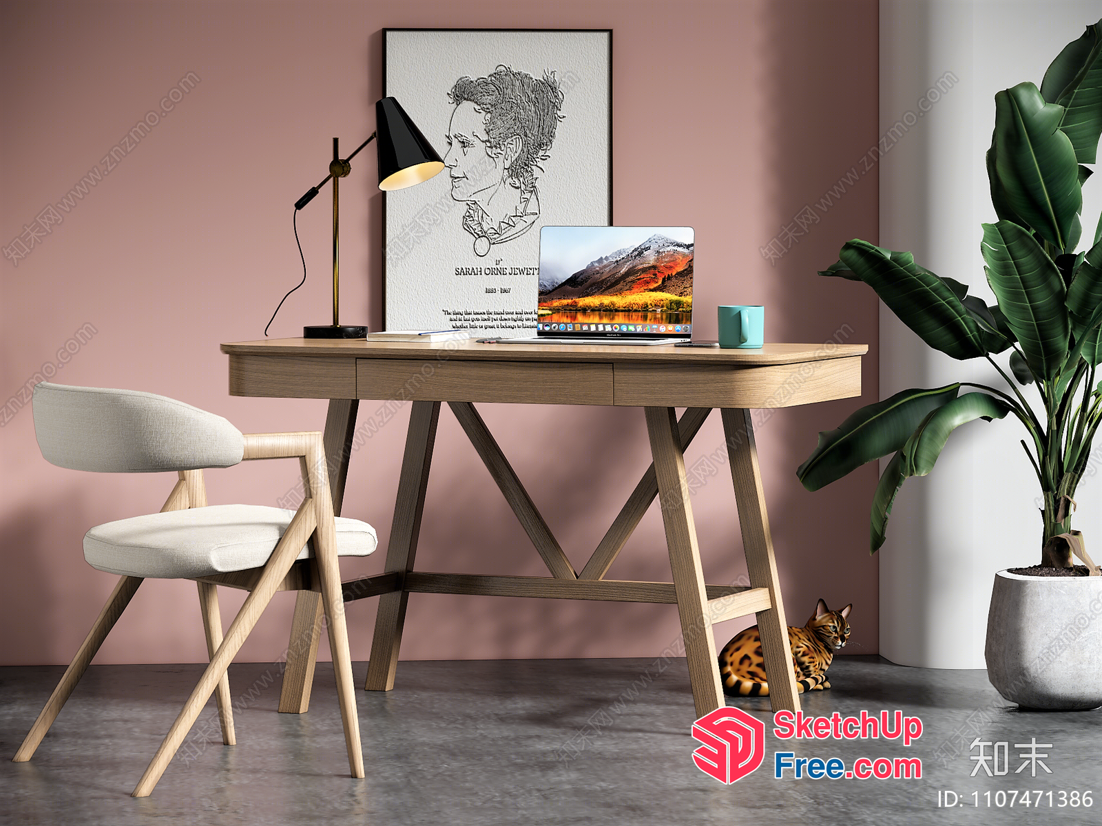 Minimalist Home Office Interior With Natural Wood Desk And Chair 3D SketchUp File