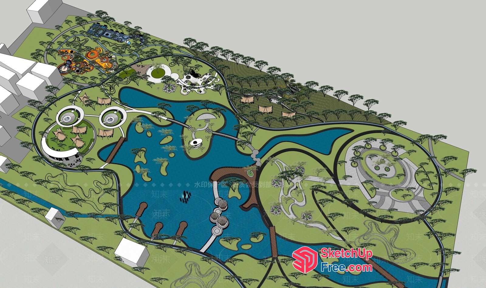 Aerial View Of A Modern Park With Lakes And Green Spaces 3D SketchUp File