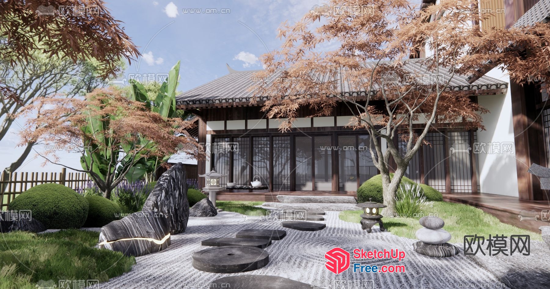 Japanese Style Garden With Stone Path And Lanterns 3D SketchUp File