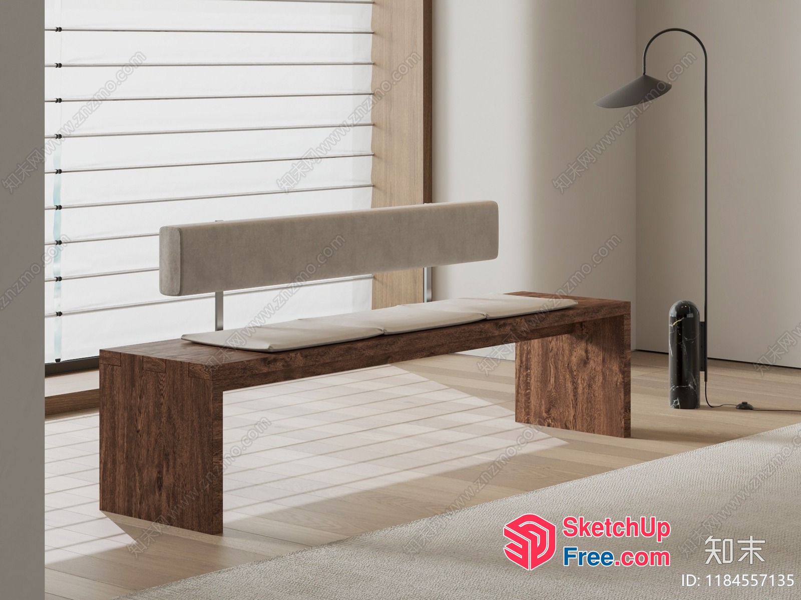 Modern Minimalist Living Room With Natural Wood Bench And Pillows 3D SketchUp File