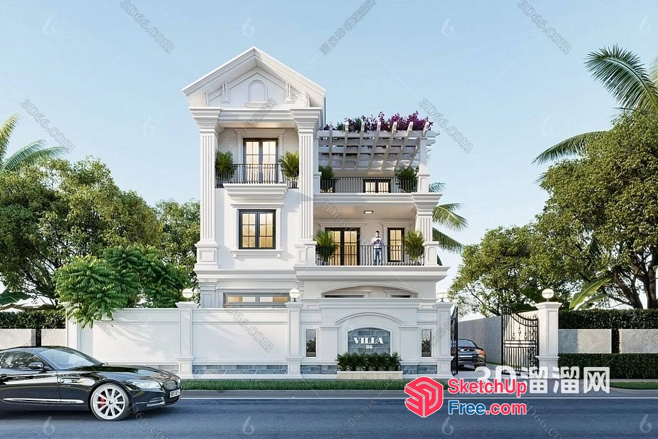 Grand Villa With Elegant Balconies And Pillars 3D SketchUp File