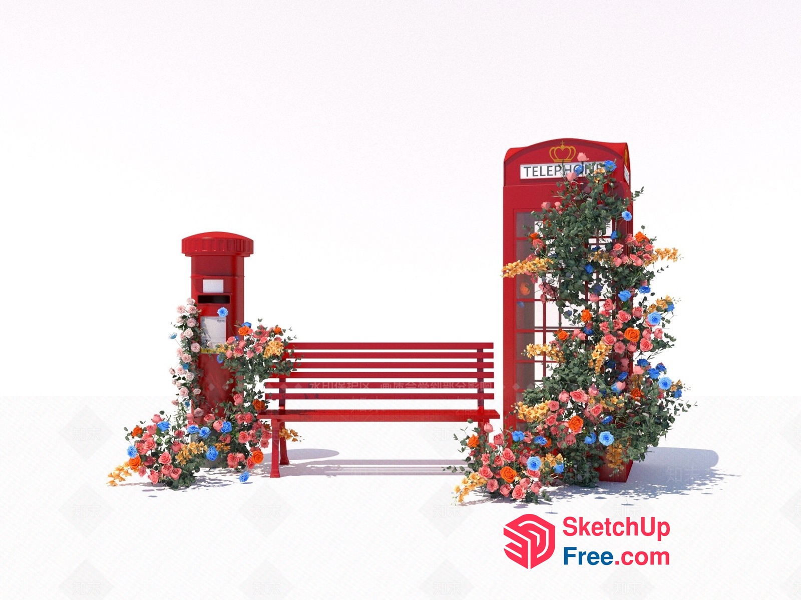 English Floral Decorative Bench And Telephone Booths 3D SketchUp File