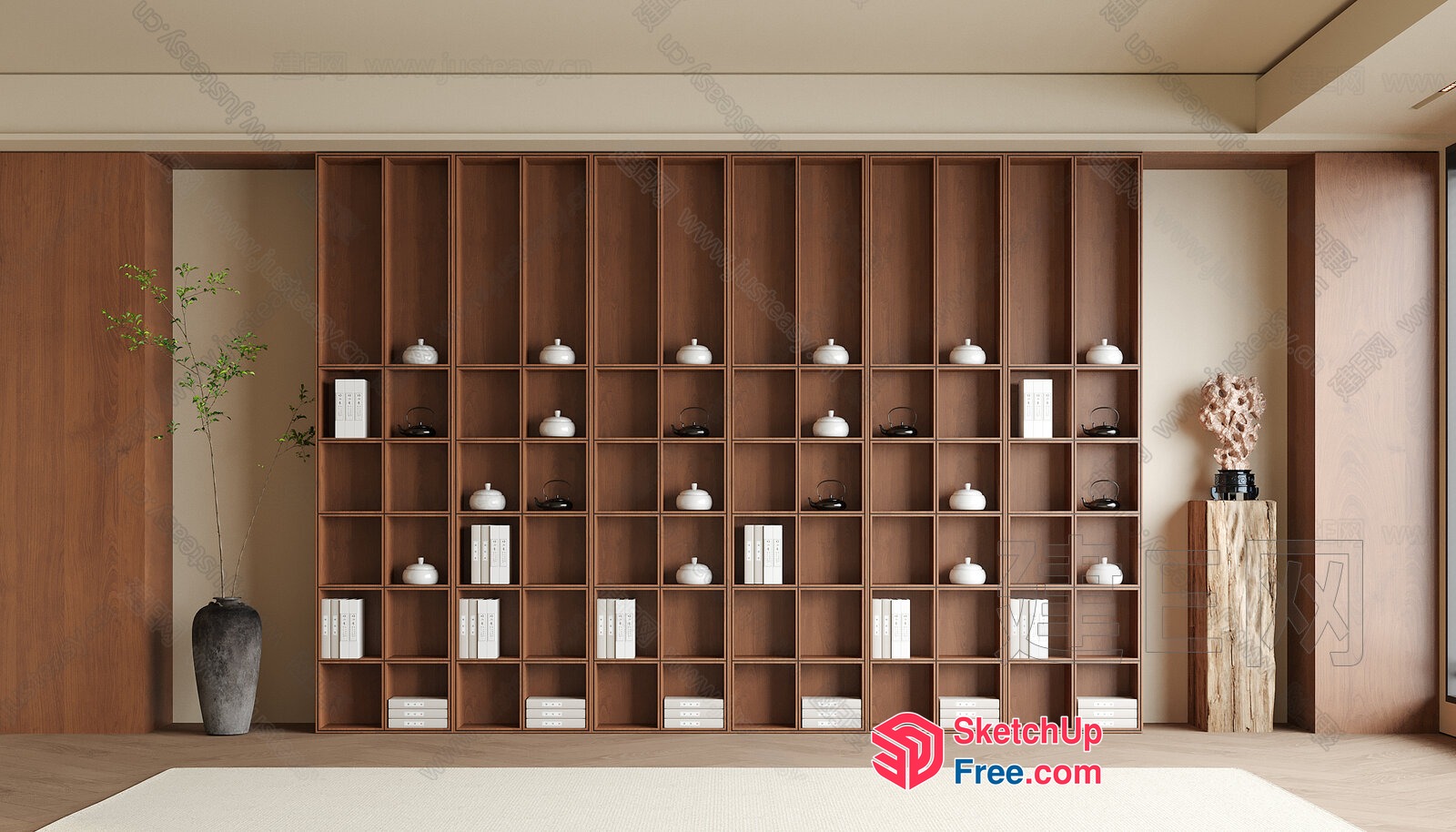 Elegant And Modern Bookcase With Teapots And Books 3D SketchUp File