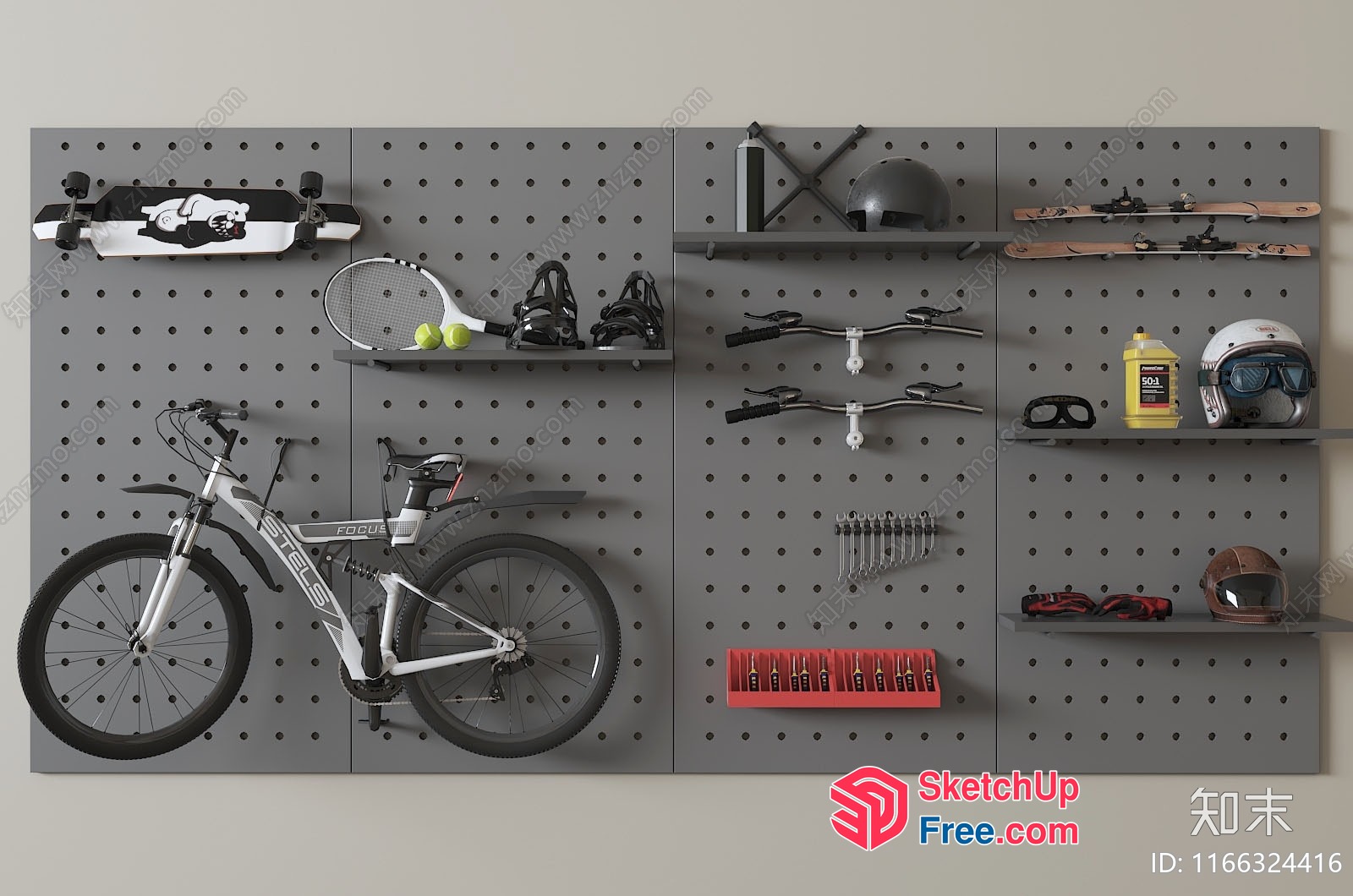 Grey Pegboard Wall Storage System With Sports Equipment 3D SketchUp File