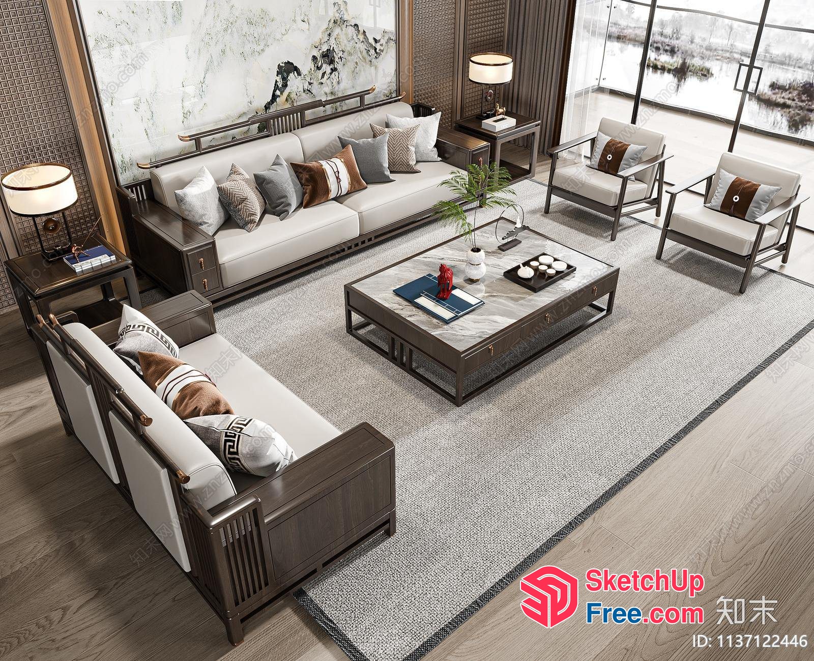 Elegant Living Room With White And Brown Furniture 3D SketchUp File