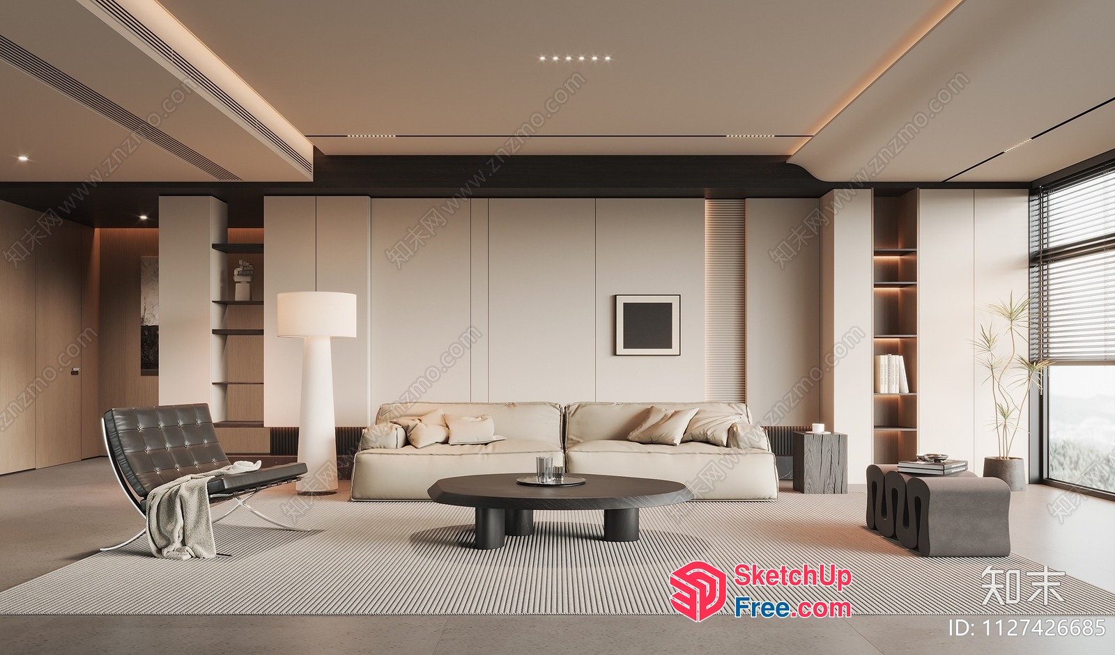 Modern Minimalist Living Room With Creamy Beige And Brown Tones 3D SketchUp File
