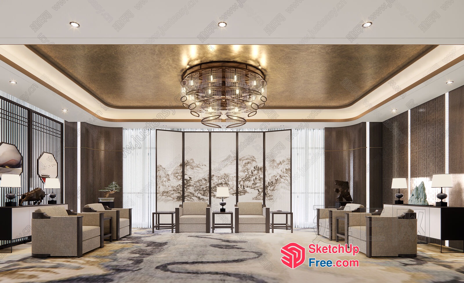 Elegant And Luxurious Asian-Style Living Room 3D SketchUp File