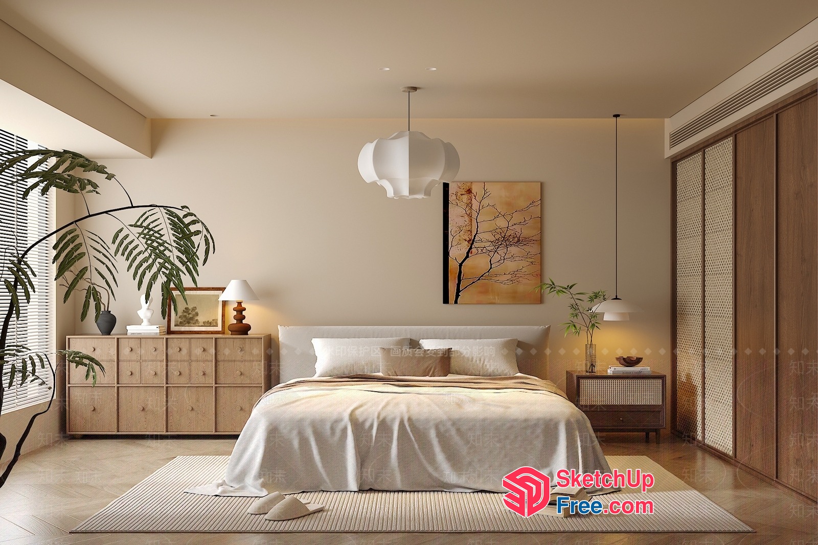 Minimalist Japanese Style Bedroom With White And Cream Decor 3D SketchUp File