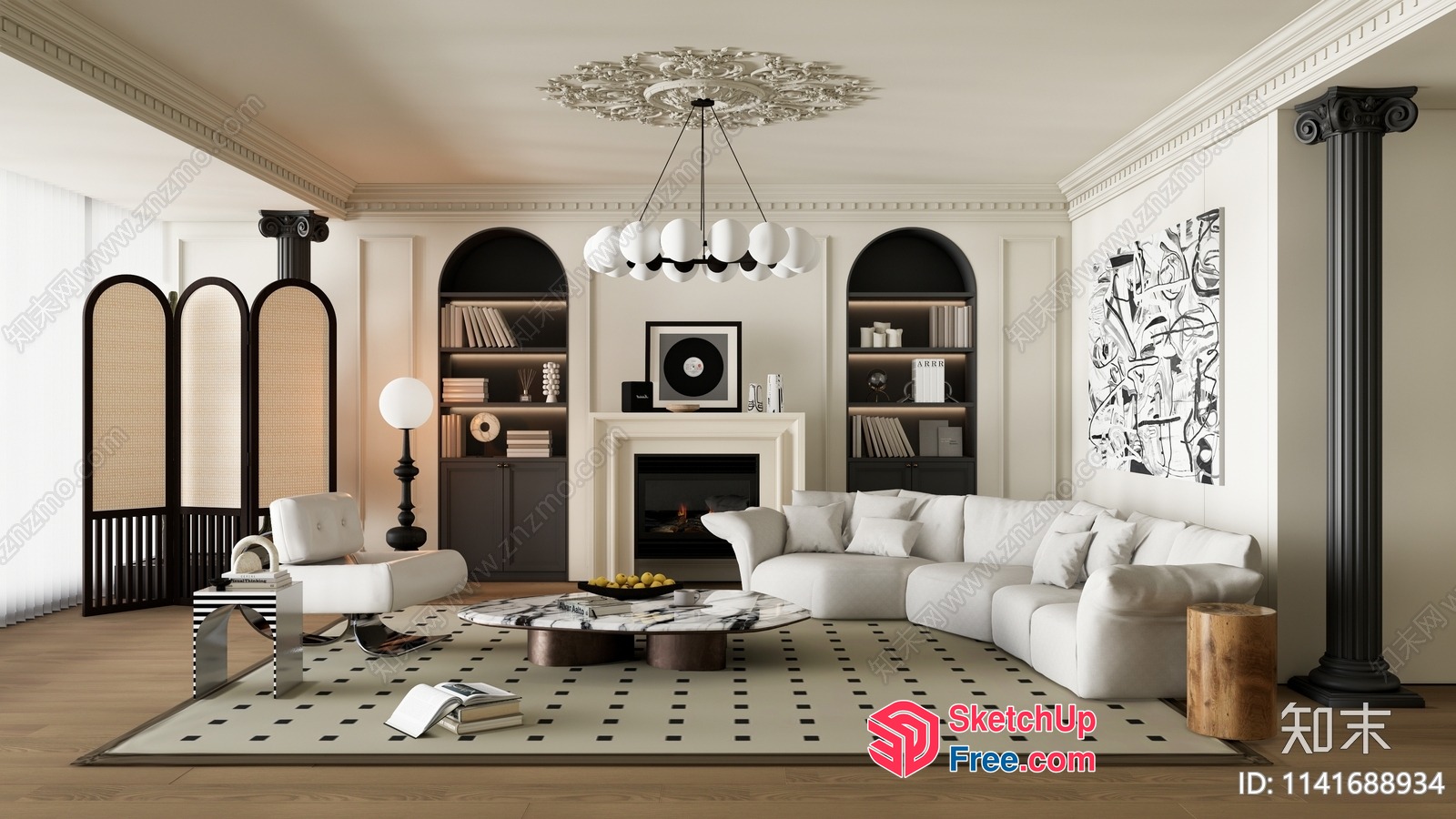 Modern White Living Room With Fireplace And Pillars 3D SketchUp File