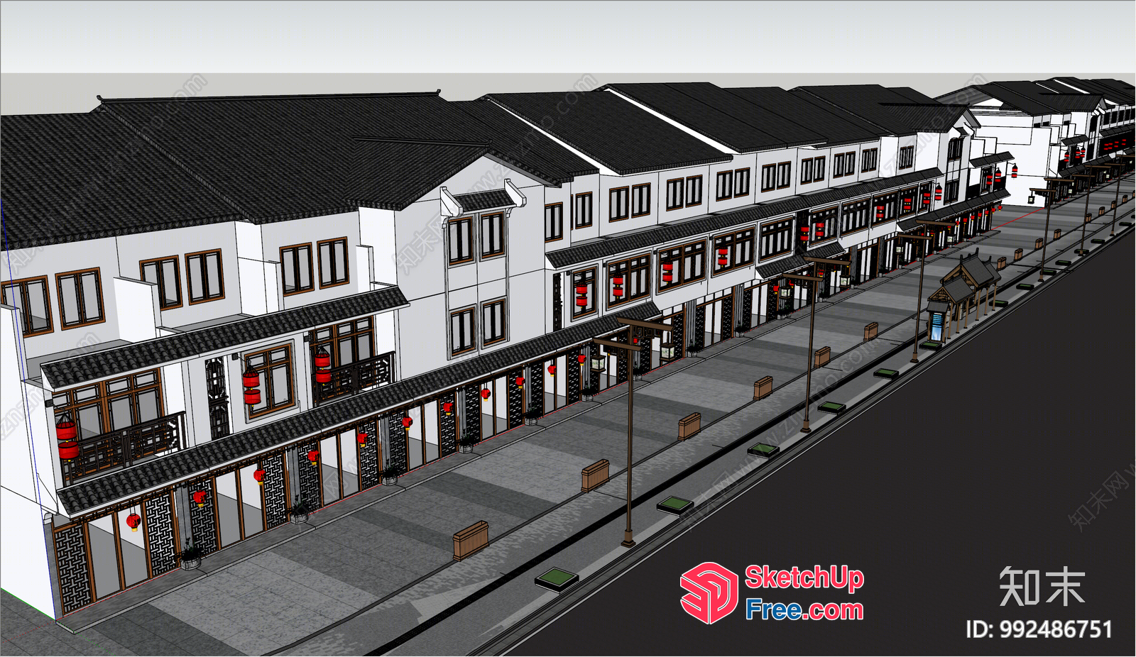Traditional Chinese Street Scene With White Buildings And Black Roofs 3D SketchUp File