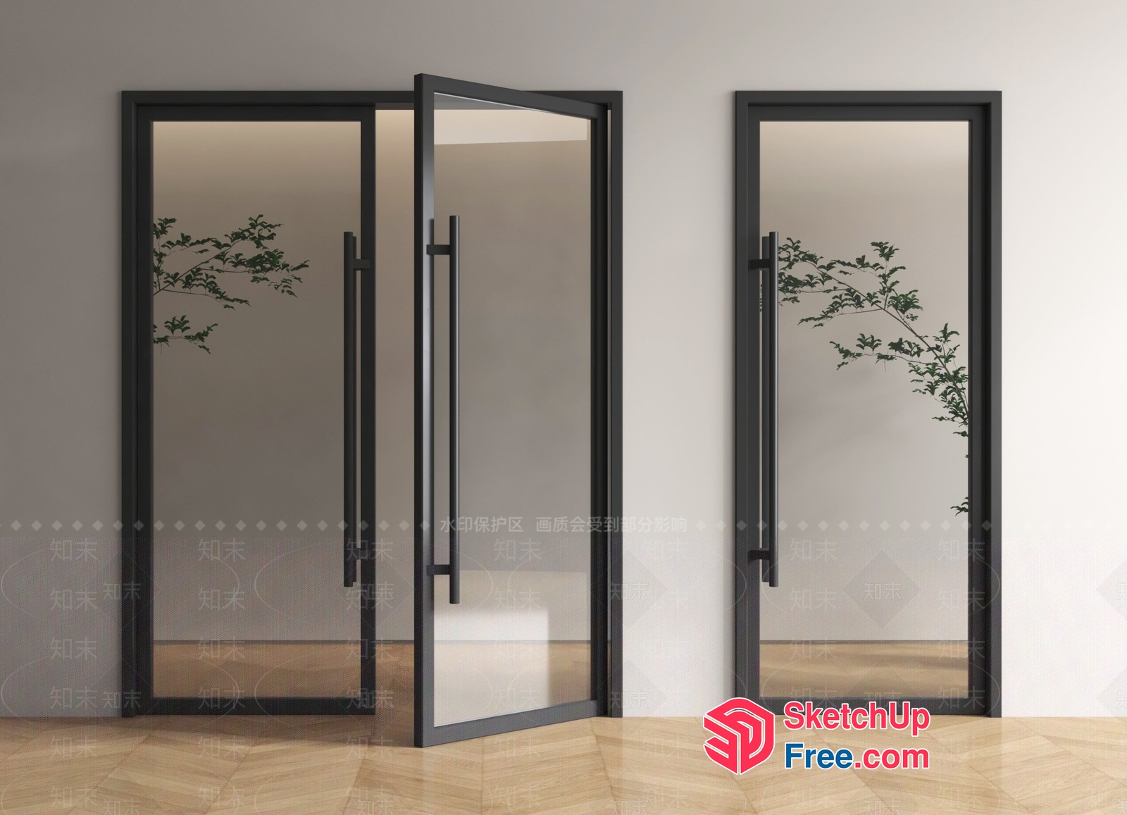 Modern Glass Door With Black Frame And Handle 3D SketchUp File