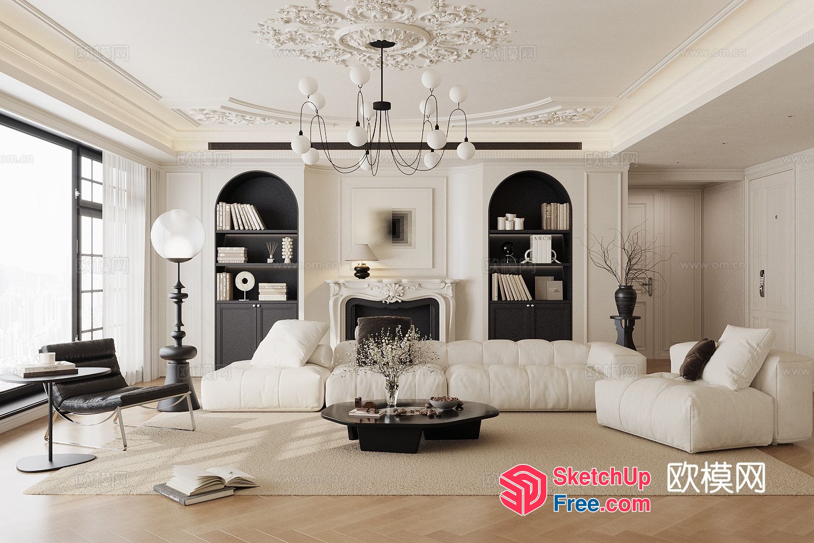 Luxurious Living Room With Elegant Fireplace 3D SketchUp File