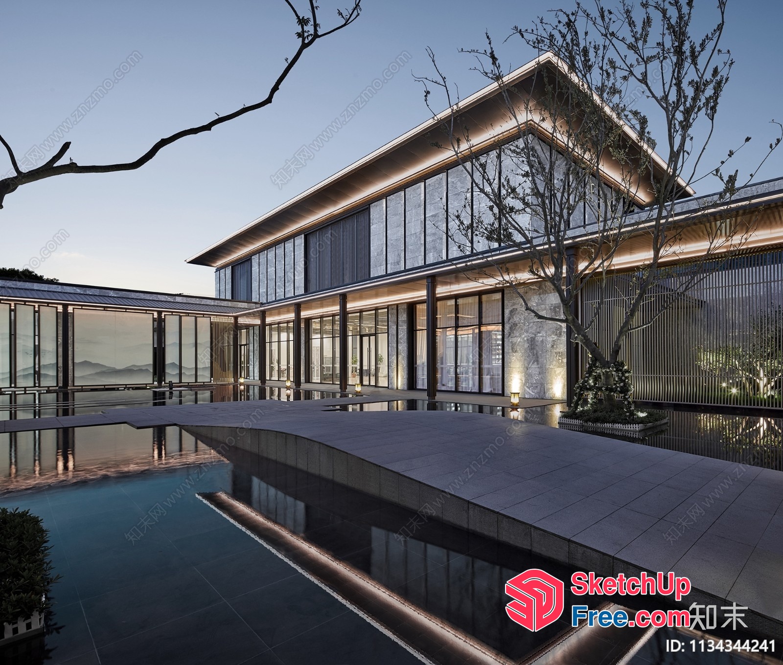 Modern Villa With Glass Curtain Wall And Potted Plant 3D SketchUp File