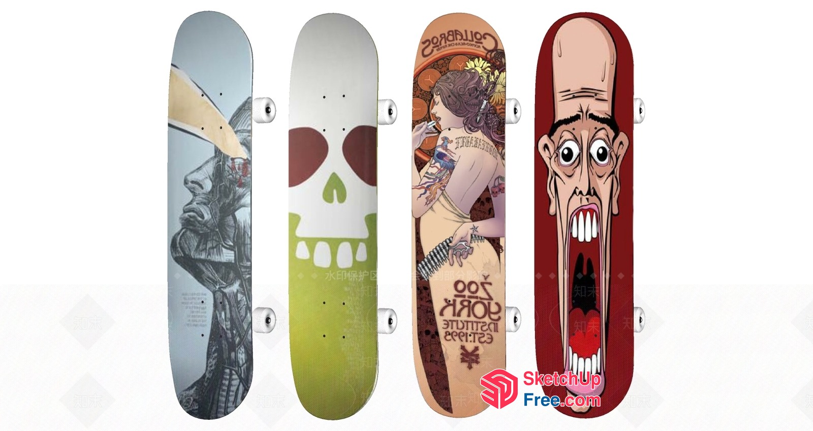 Unique Artistic Skateboard Designs With Creative Themes 3D SketchUp File