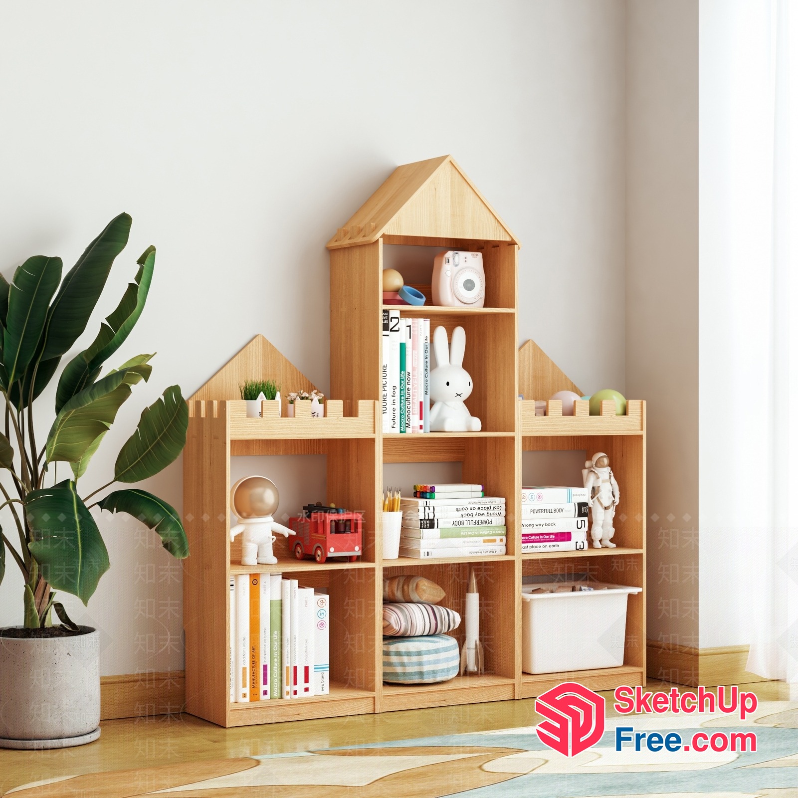 Modern Wood Bookcase With Toy Storage 3D SketchUp File