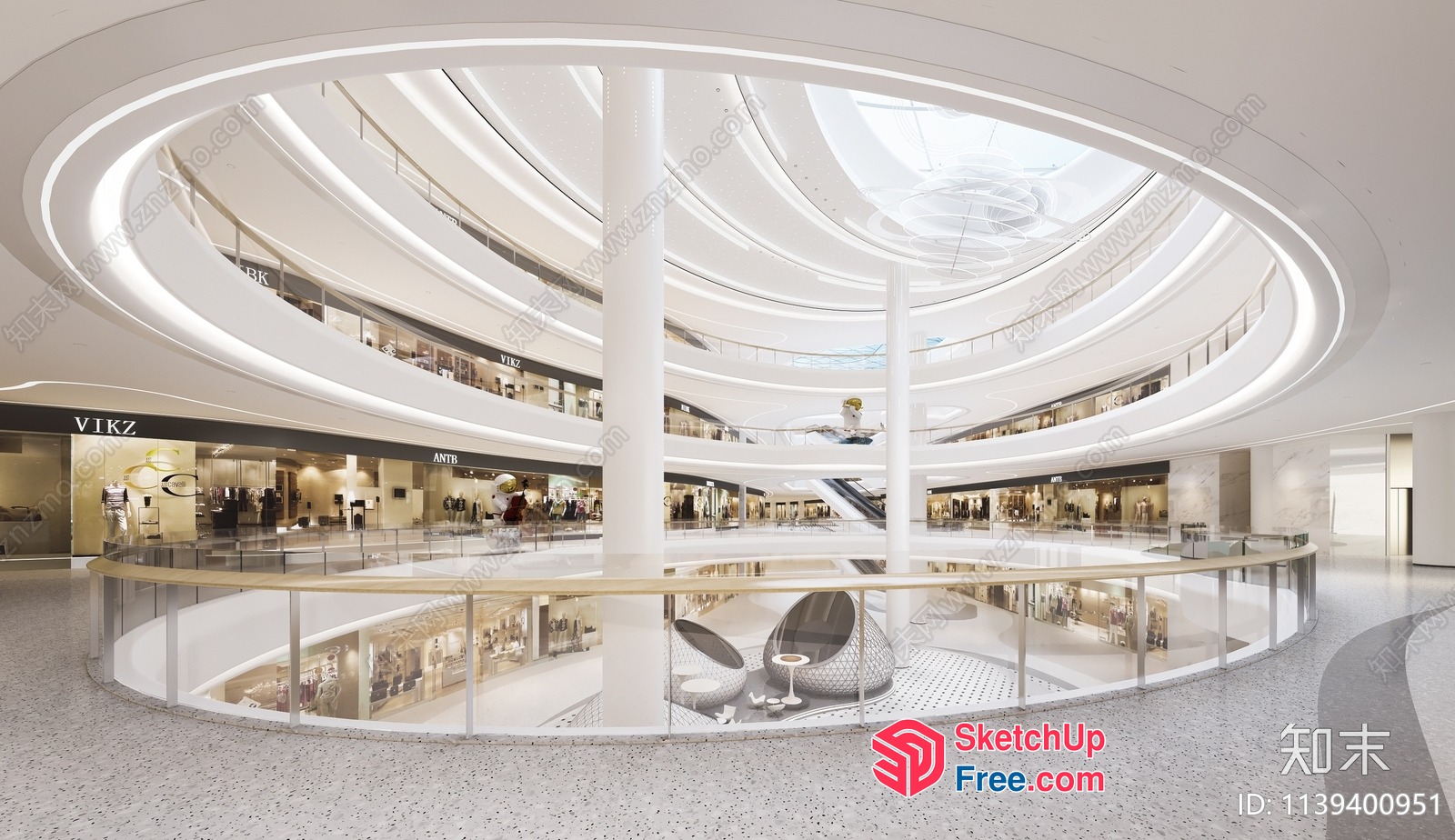 White And Glass Railing In A Modern Shopping Mall 3D SketchUp File