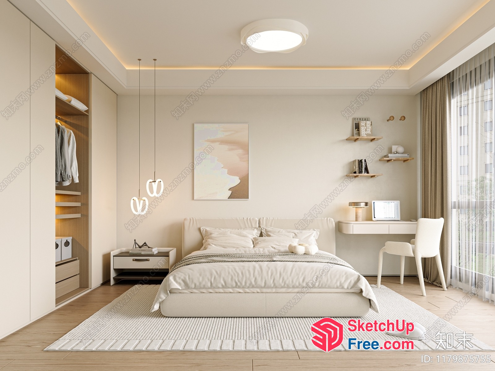Modern Bedroom Interior With White And Beige Color Scheme 3D SketchUp File