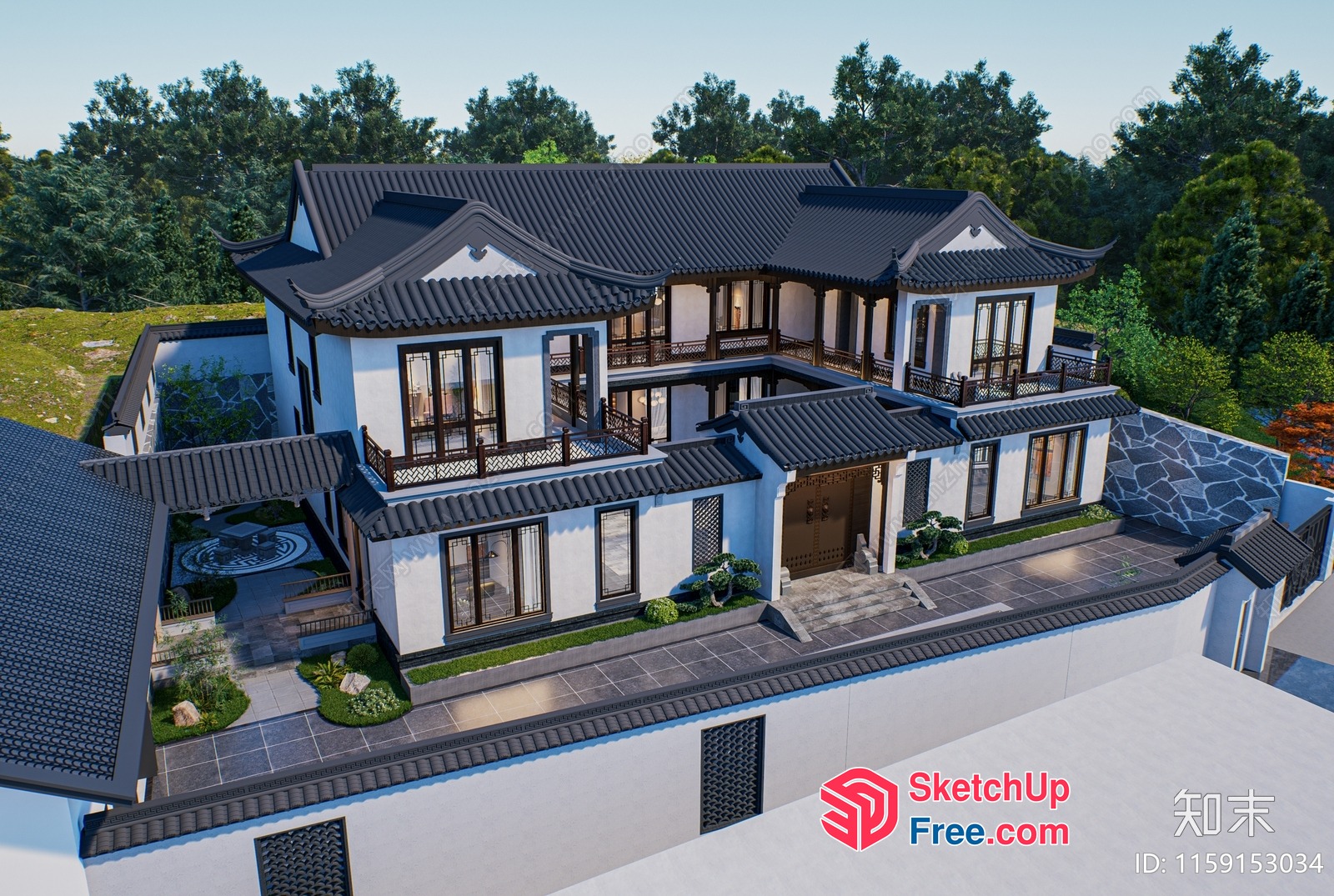 Luxurious Asian-Style Villa With Elegant Balconies 3D SketchUp File