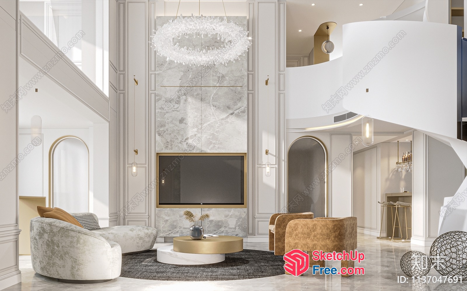 Elegant And Modern Living Room With High Ceiling 3D SketchUp File