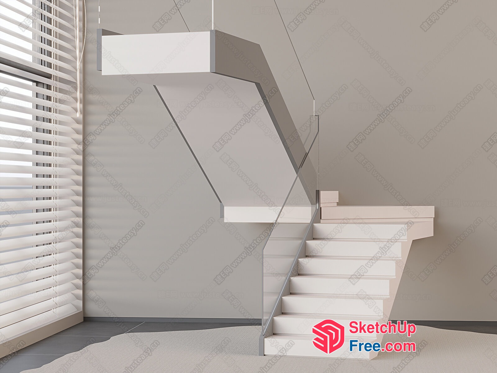 Modern White Staircase With Sleek Glass Railing 3D SketchUp File