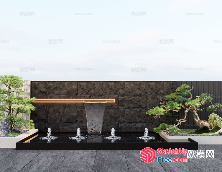 Modern Japanese-Style Water Feature With Led Lighting 3D SketchUp File