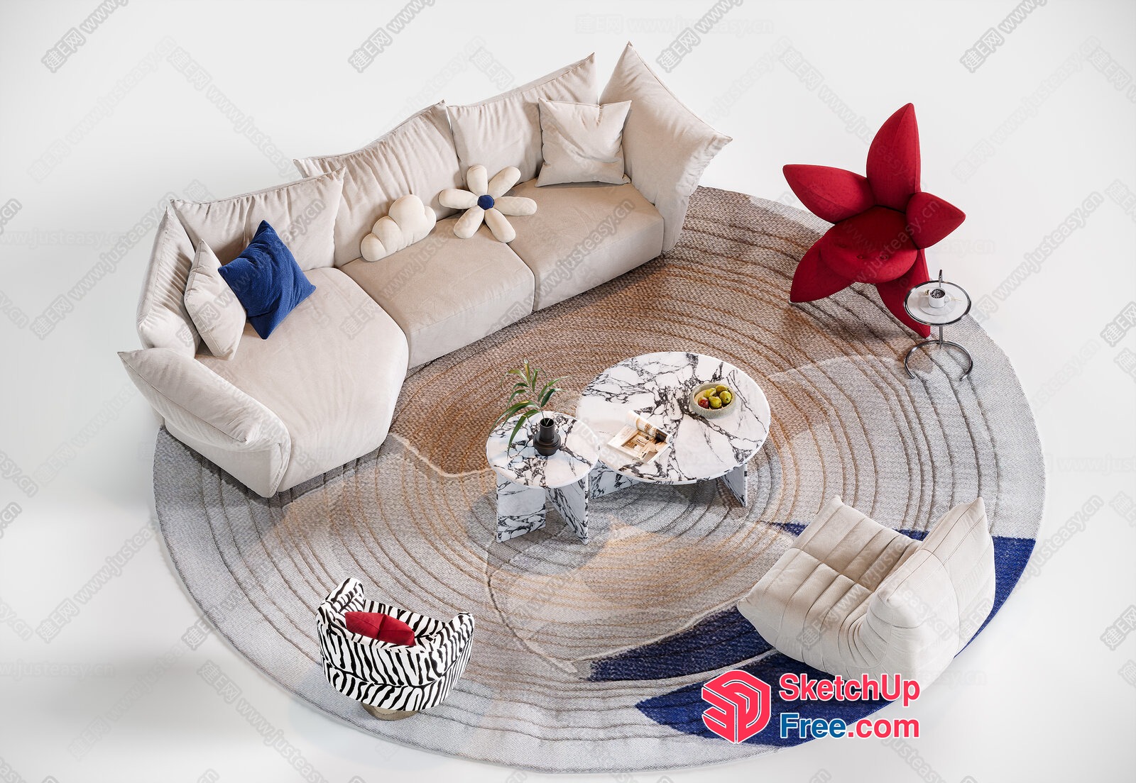 Elegant Cream And Blue Modern Living Room 3D SketchUp File