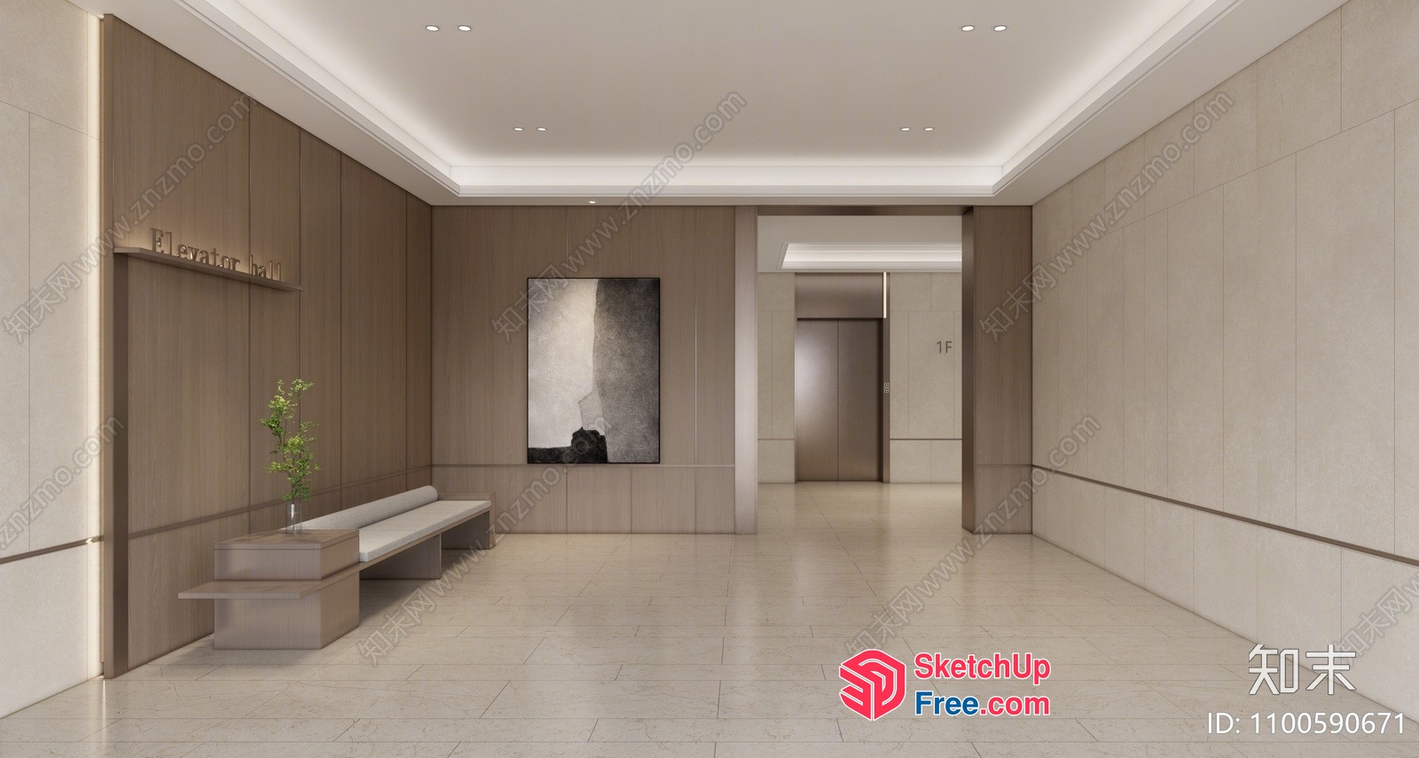 Elevator Hall With Bench And Artwork 3D SketchUp File
