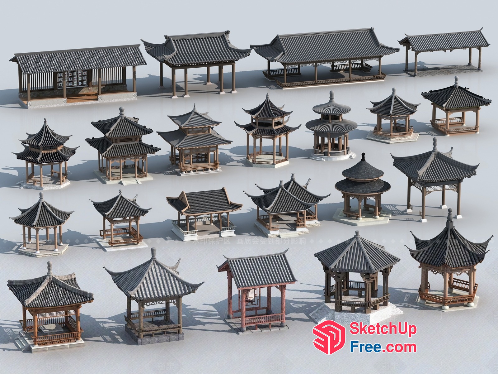 Asian-Inspired Pavilion Structures 3D SketchUp File