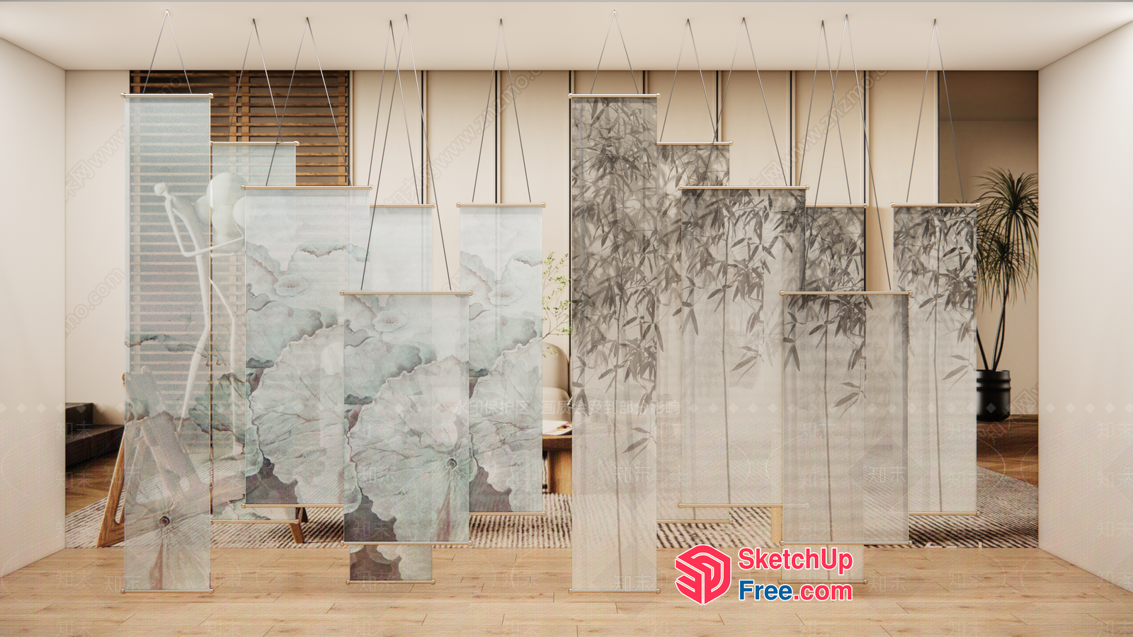 Modern Hanging Partition Screens With Floral And Bamboo Designs 3D SketchUp File