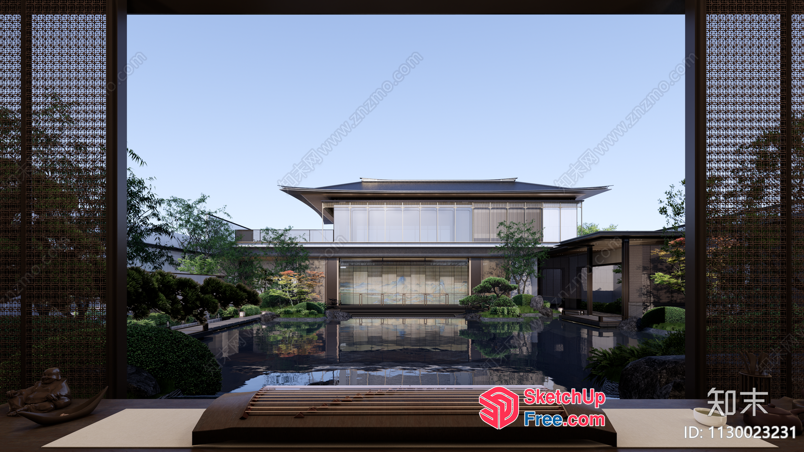 Serene Japanese Villa With Elegant Glass Curtain Wall 3D SketchUp File