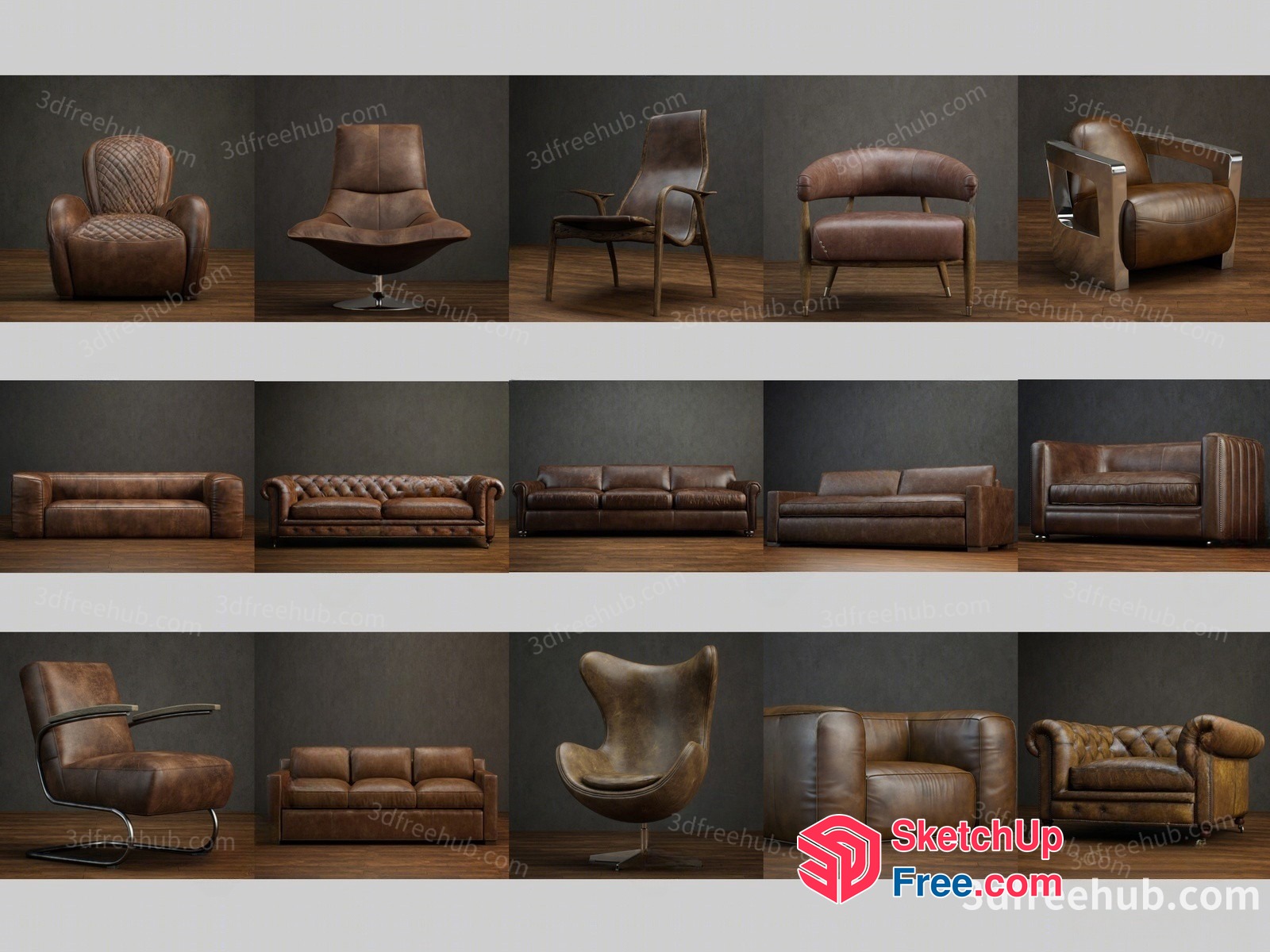 3D Furniture Collection In Brown Leather 3D SketchUp File