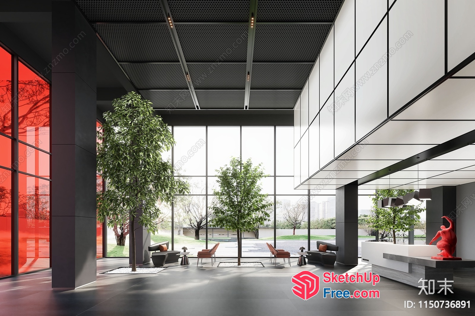 Modern Office Building Interior With Glass Curtain Wall And Pillars 3D SketchUp File