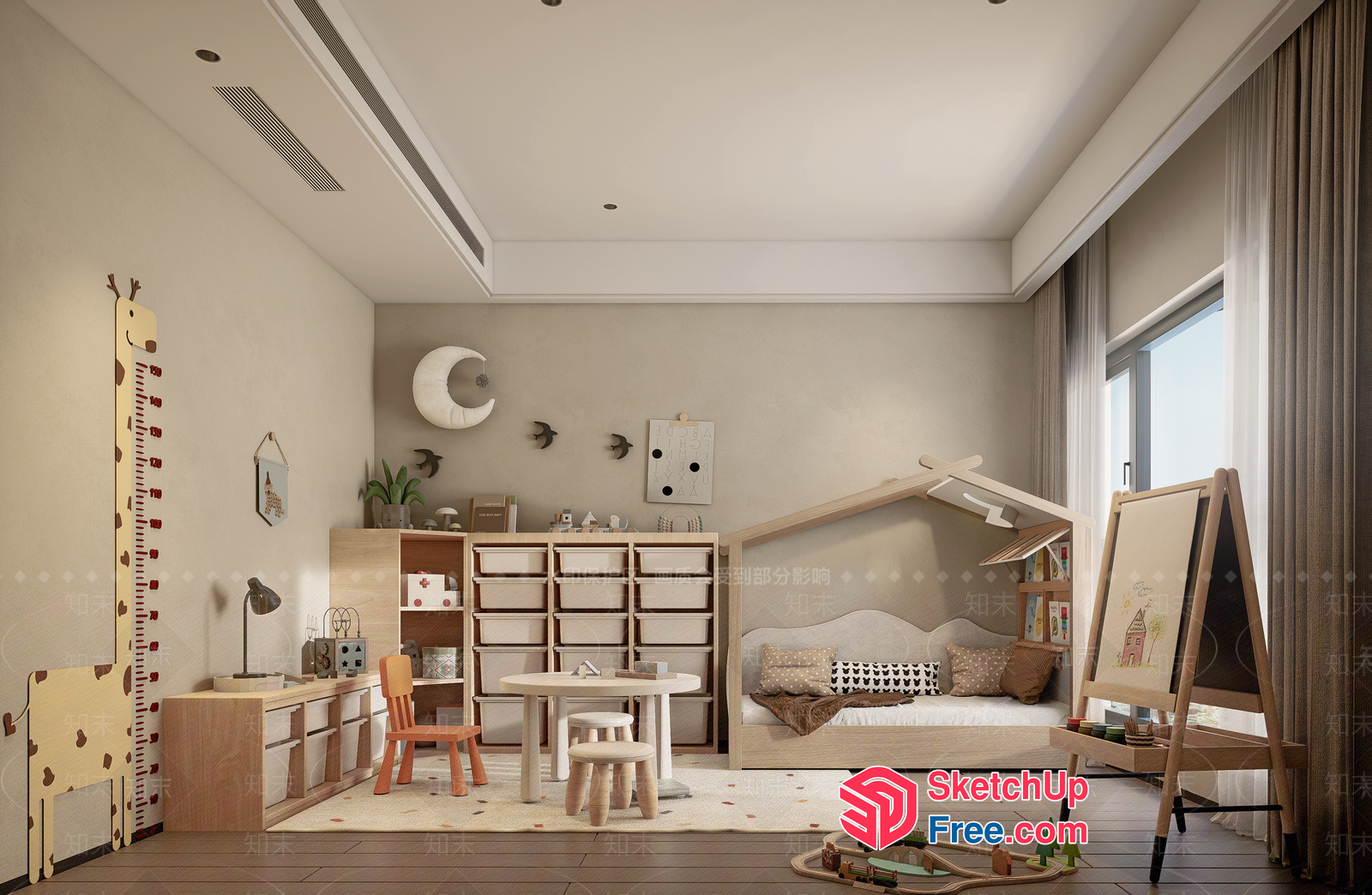 Modern Minimalist Kids' Playroom With Natural Wood Accents 3D SketchUp File