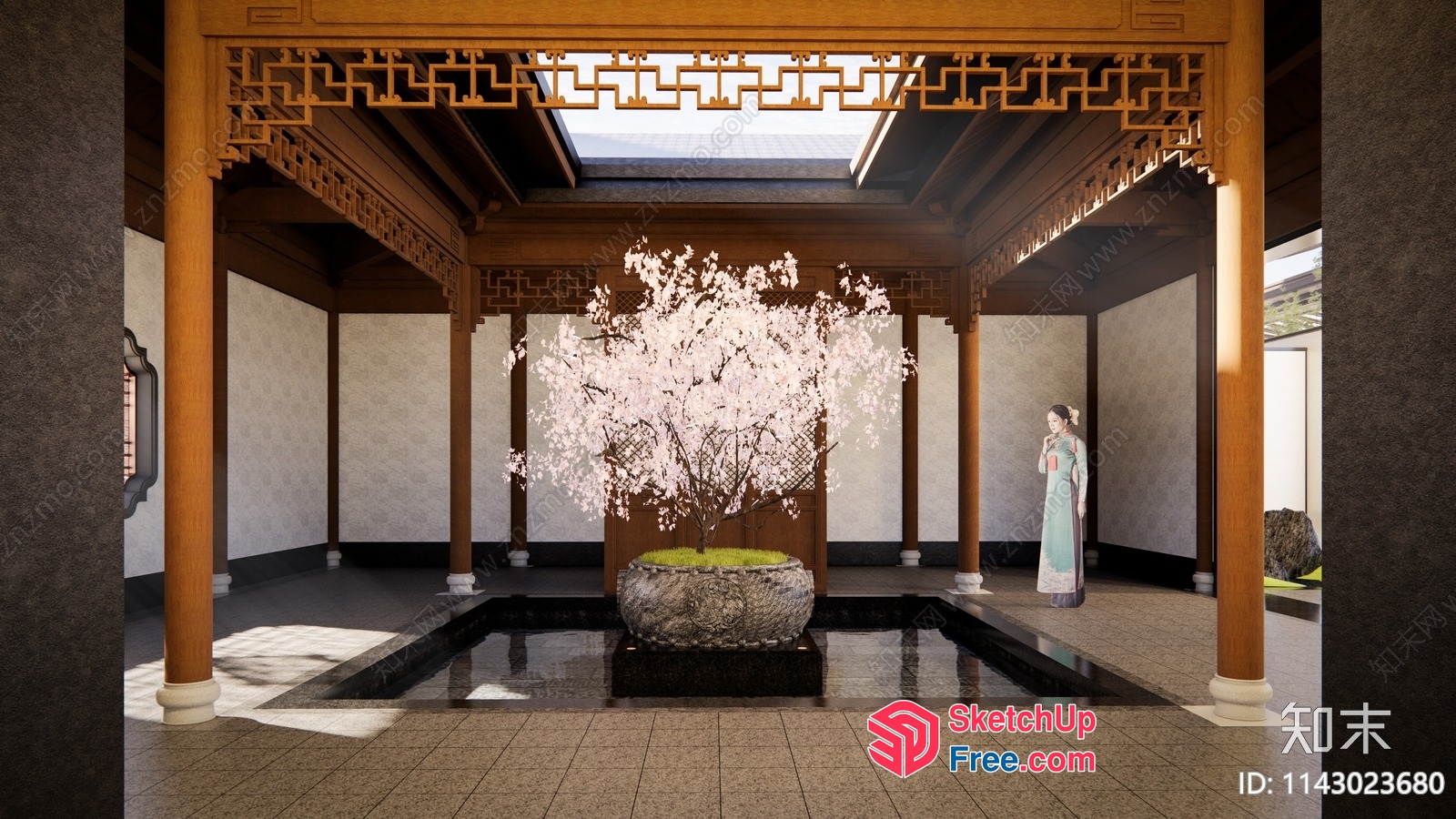 Traditional Asian-Inspired Interior With Cherry Blossom Tree 3D SketchUp File