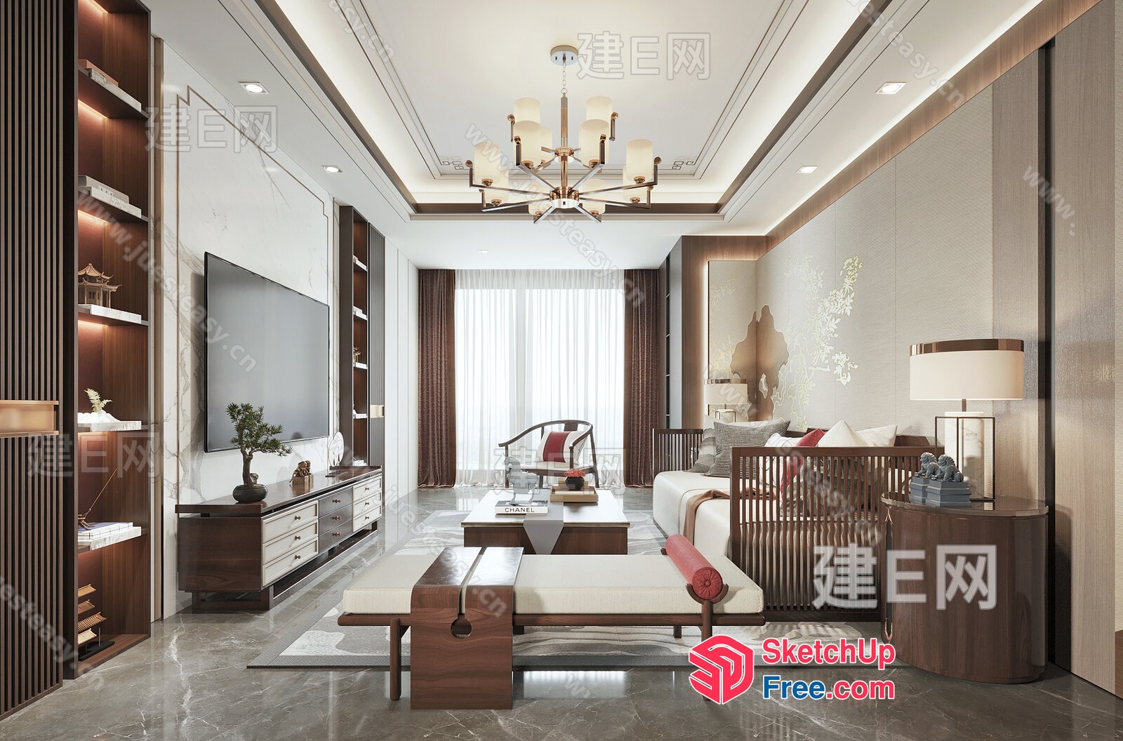 Luxurious Living Room With Sleek White And Brown Decor 3D SketchUp File