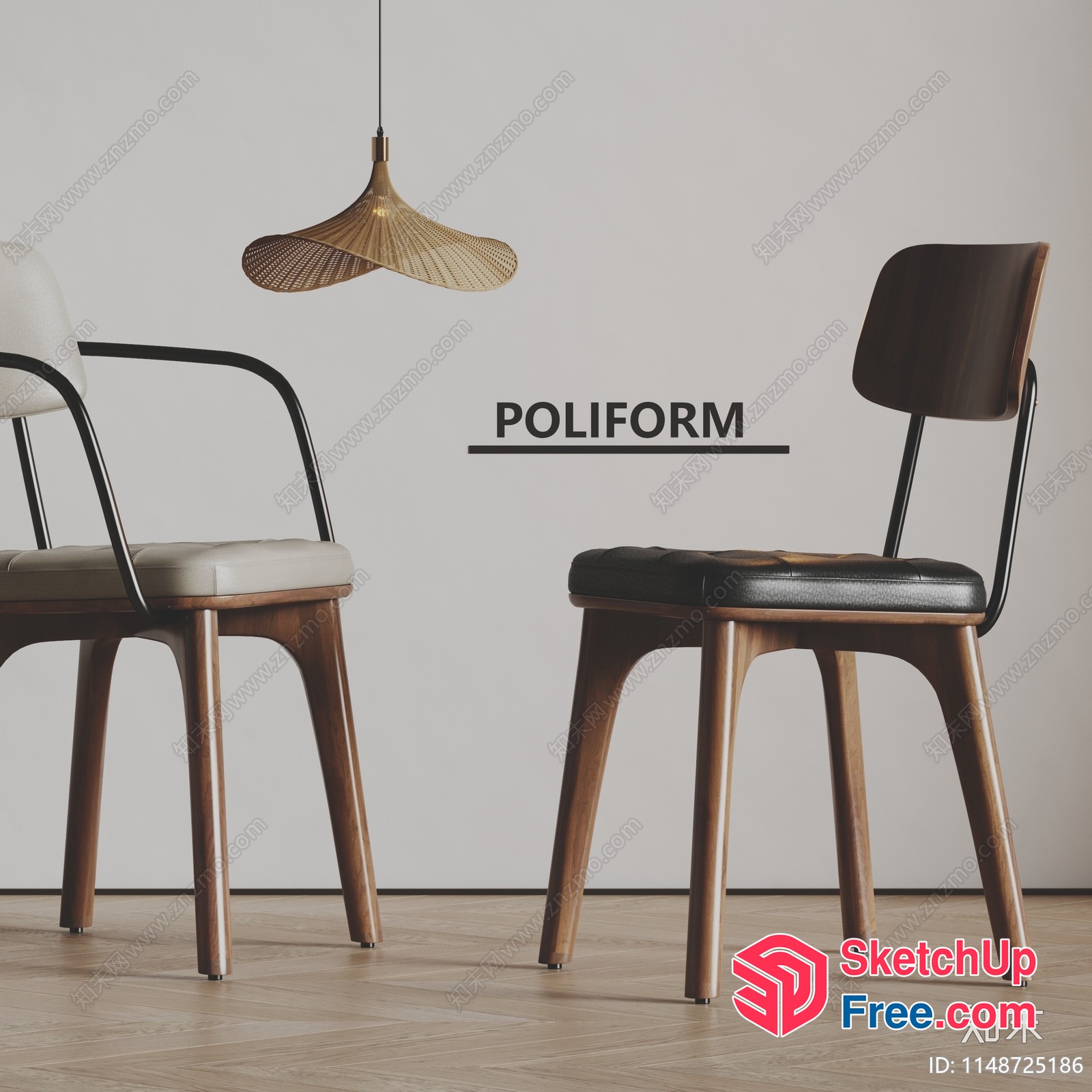 Modern Wood And Leather Chair Set 3D SketchUp File
