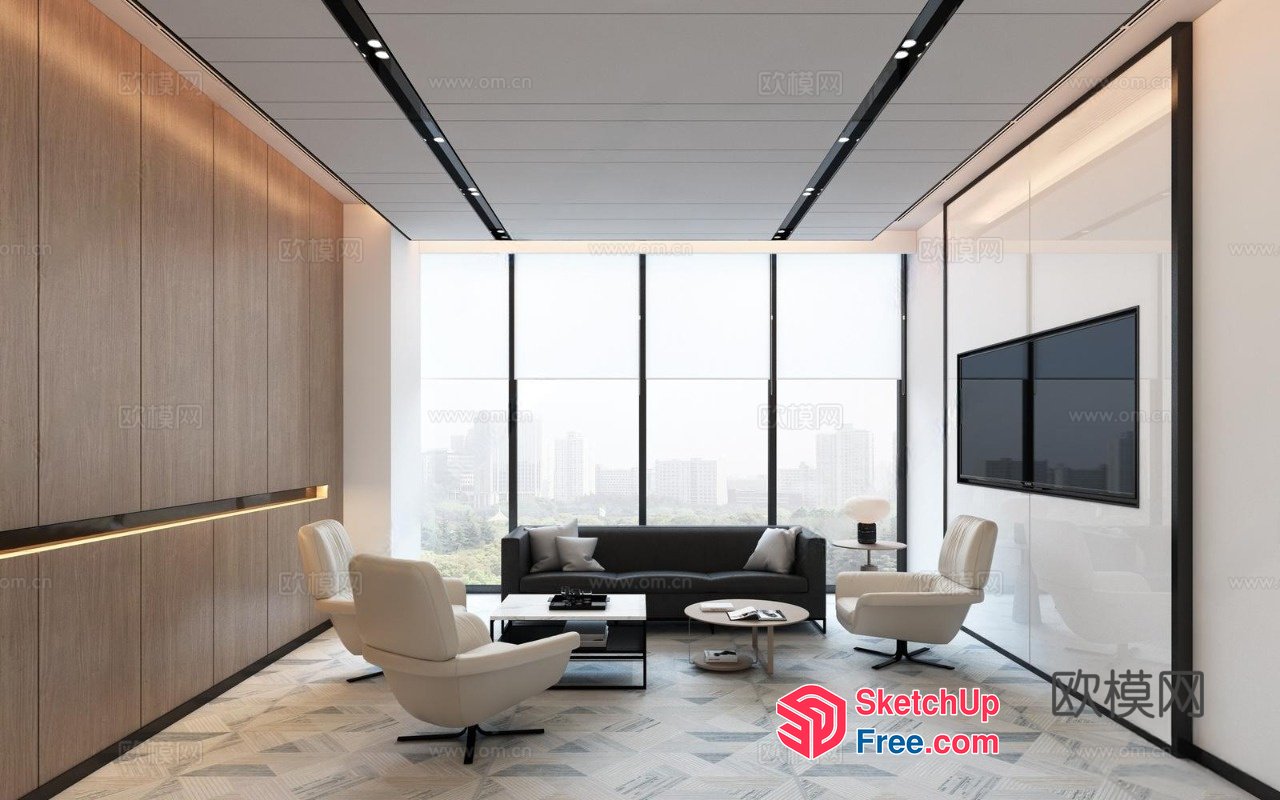 Modern Minimalist Office Interior With Large Windows 3D SketchUp File
