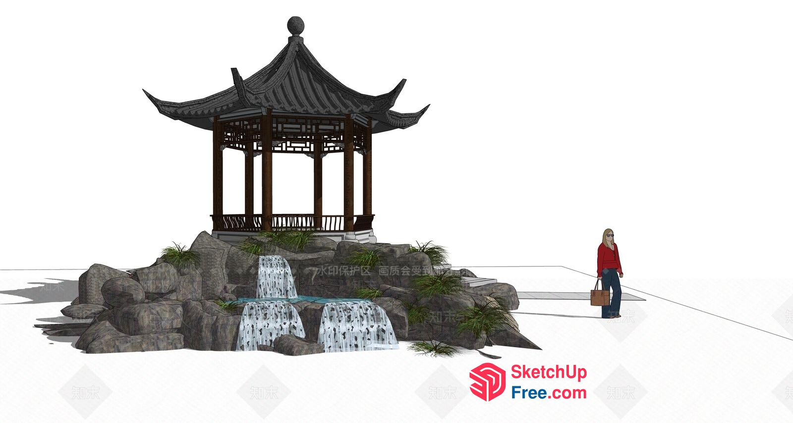 Asian-Inspired Waterfall Pavilion 3D SketchUp File