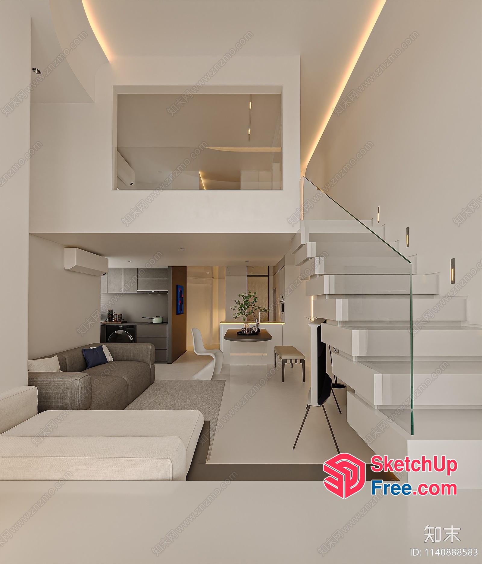 Modern Minimalist White And Gray Open Concept Living Room With Stairs 3D SketchUp File